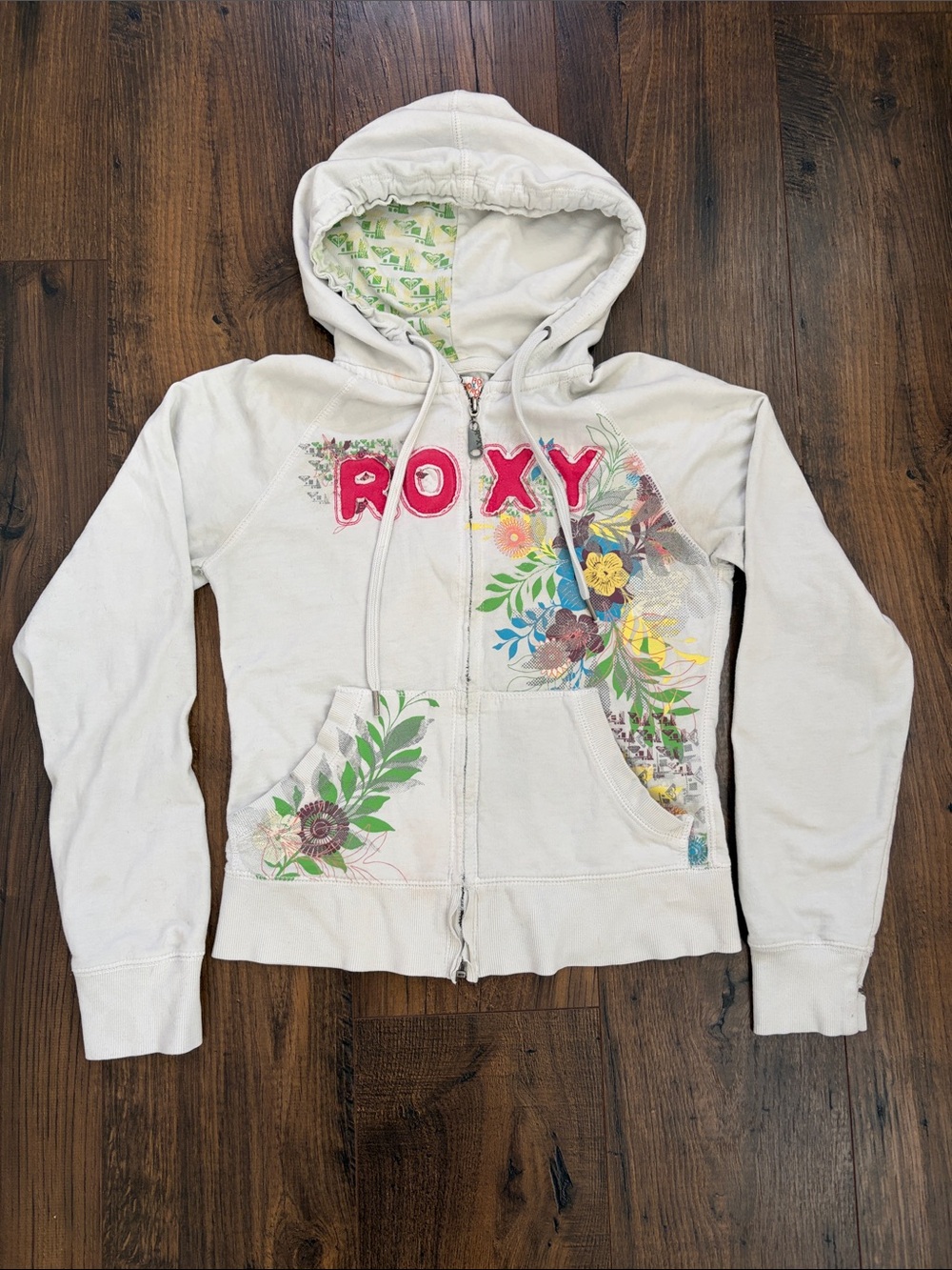 Roxy Zip Up Hoodie with Pink Logo and Multicolor Floral Print